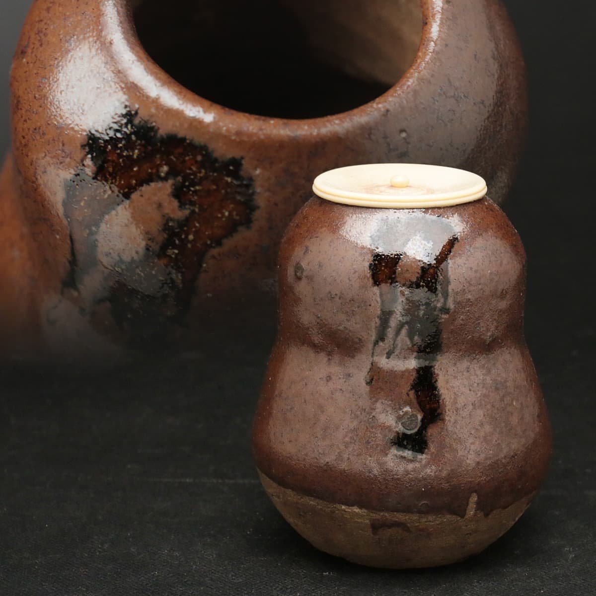 EH477 時代物 牙蓋 古瀬戸瓢茶入 高7.8cm 仕覆付 木箱附・瓢箪形茶入・葫芦形茶叶罐 茶道具
