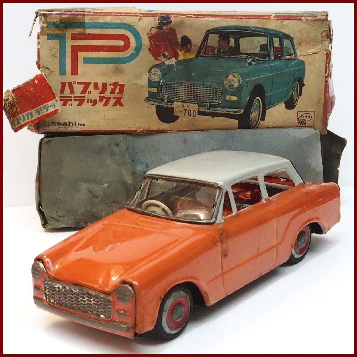 旭玩具【トヨタ パブリカ デラックスTOYOTA PUBLICA 橙(屋根リペイント)】ブリキ ミニチュア自動車tin toy car ATCアサヒ玩具【箱付】0024