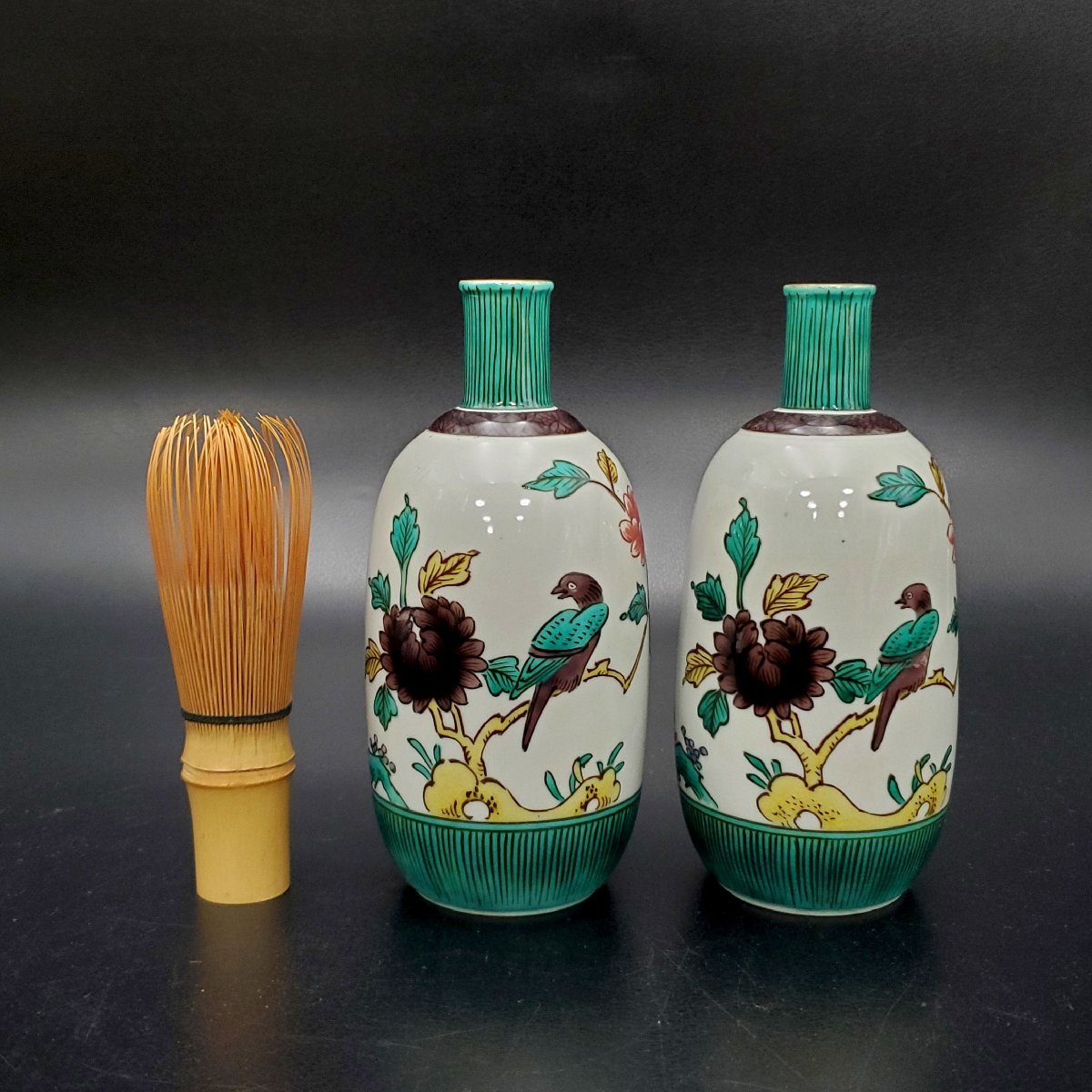 宝蔵】九谷焼 柳雨軒 二代 徳田八十吉 魁星 古九谷敬慕 花鳥徳利 一対