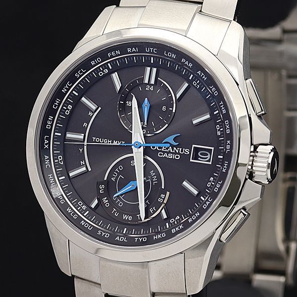 1円 稼働 美品 箱/保証書付 カシオ 電波ソーラー OCW-T2500 オシアナス チタン デイデイト 黒文字盤 メンズ腕時計 9506200▽