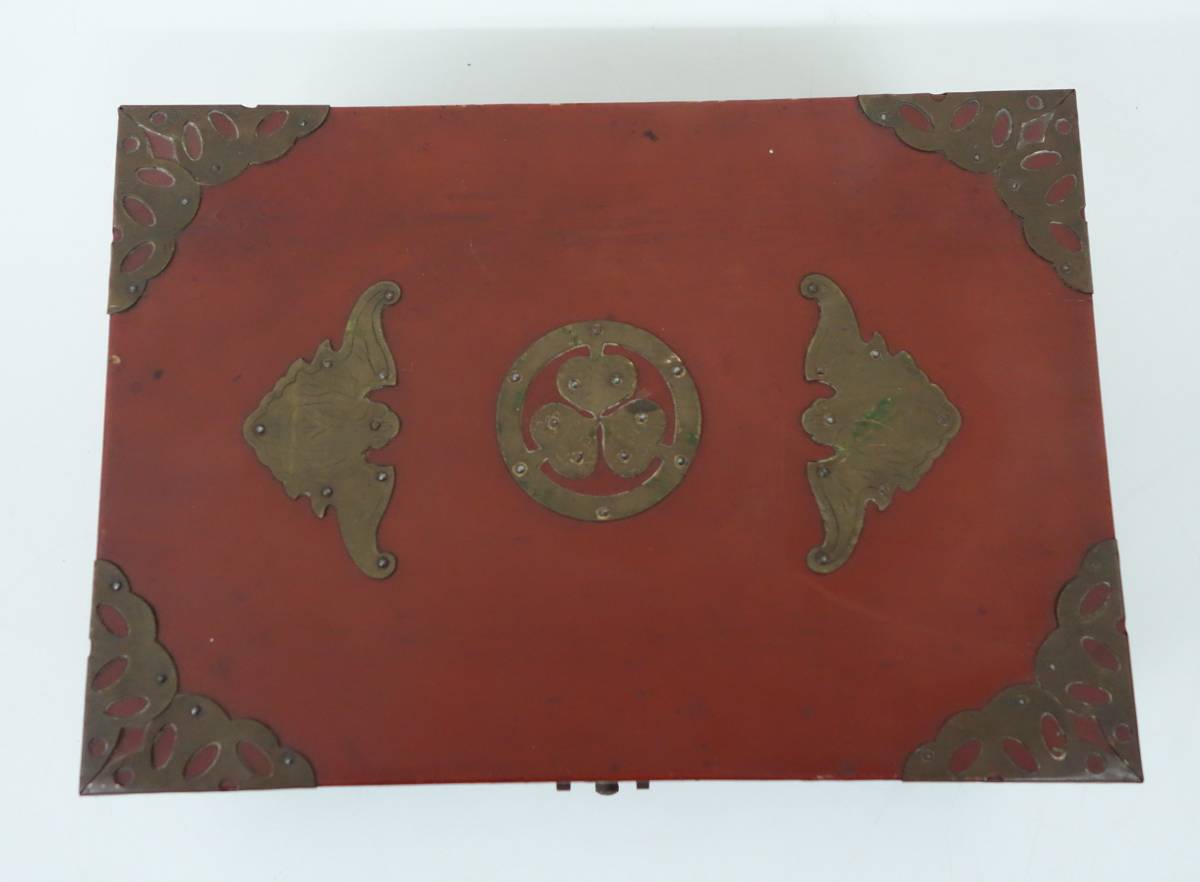 伝統工芸 工芸美術 時代 ＊金具打朱漆塗箱 文箱 小物箱 保管