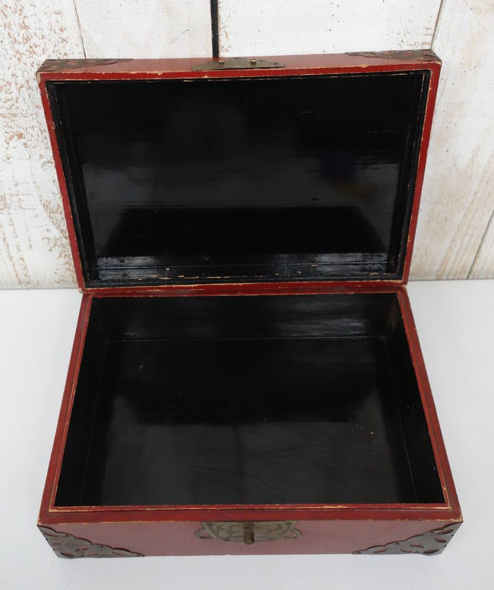 伝統工芸 工芸美術 時代 ＊金具打朱漆塗箱 文箱 小物箱 保管