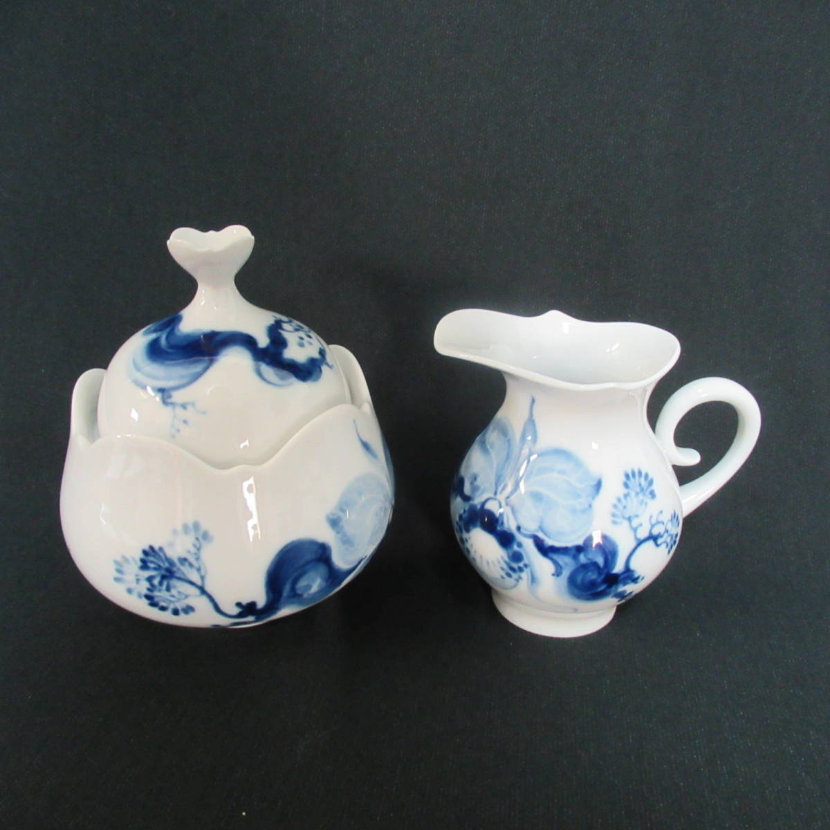 H【1714374-084】マイセン　Meissen　ブルーオーキッド　ホワイトブルー　シュガーポット　クリーマー　60サイズ発送同梱不可