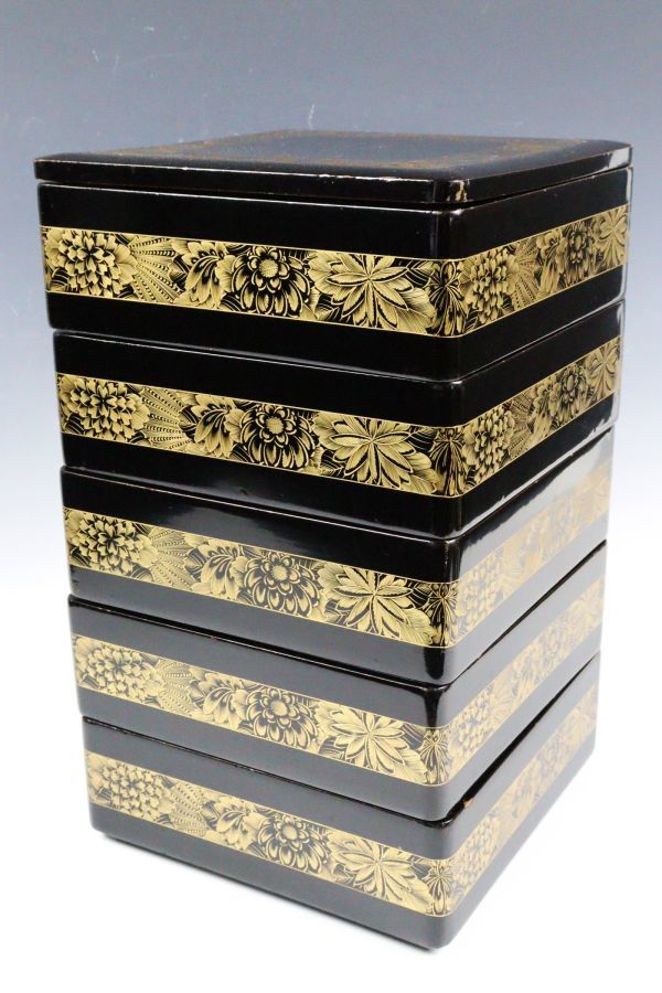 輪島塗 共箱 木製漆器 美術品 5客 菊金蒔絵煮物椀 雲懐石