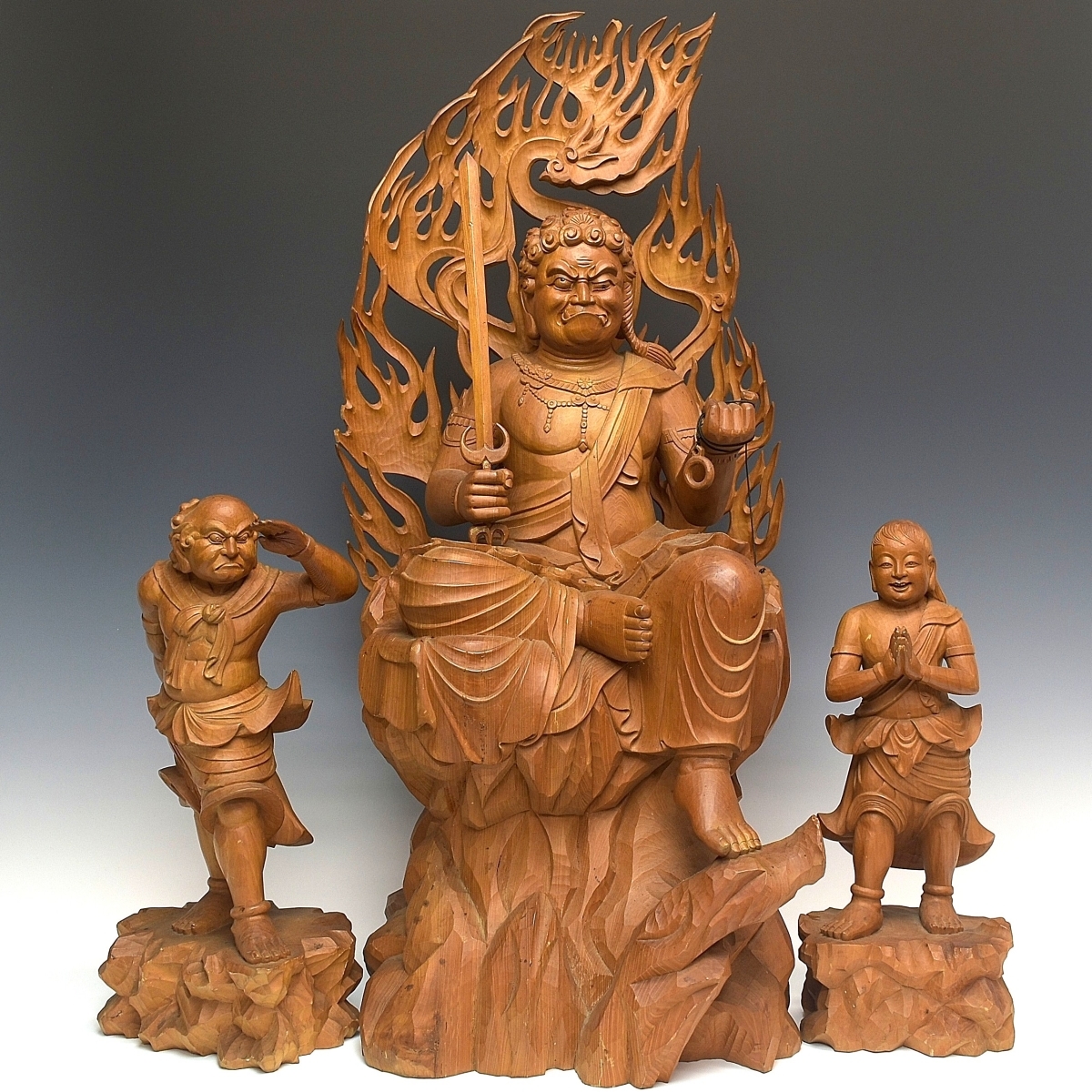趣楽】 仏教美術 木彫り 不動明王座像 二童子付 高さ78cm 大型
