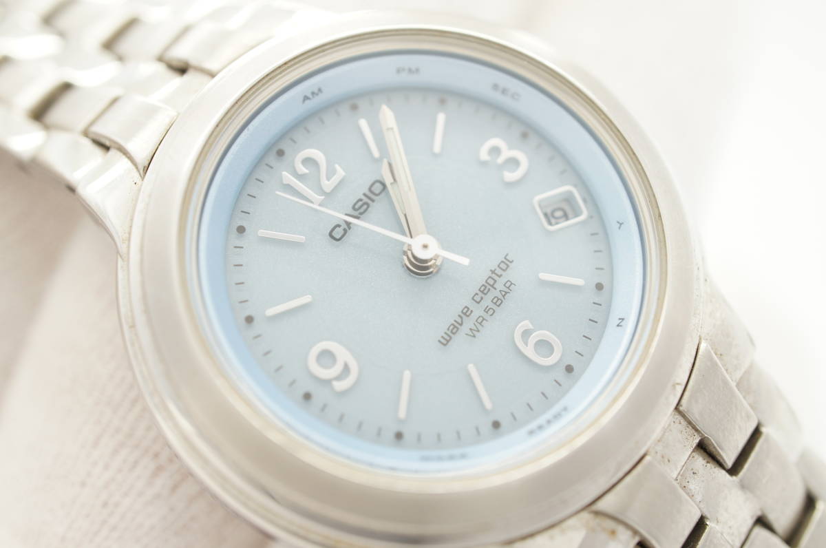 A26★作動良好 CASIO カシオ WAVE CEPTOR LWQ-120 電波ソーラー 5気圧防水 水色 シルバー レディース女性腕時計クォーツ