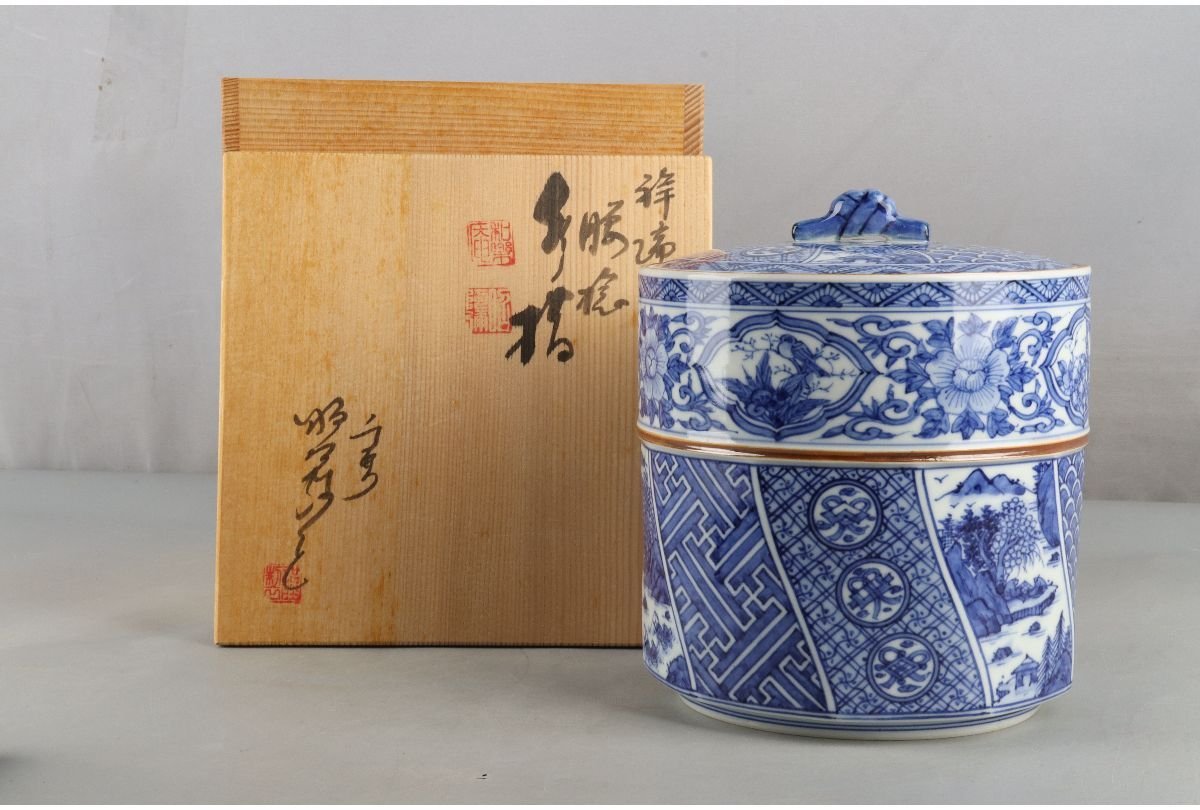 イ650 水指『平安正阿弥造』『色絵四方花鳥之図　水指　共箱』茶道具 イ650 水指『平安正阿弥造』『色絵四方花鳥之図 水指 共箱』茶道具