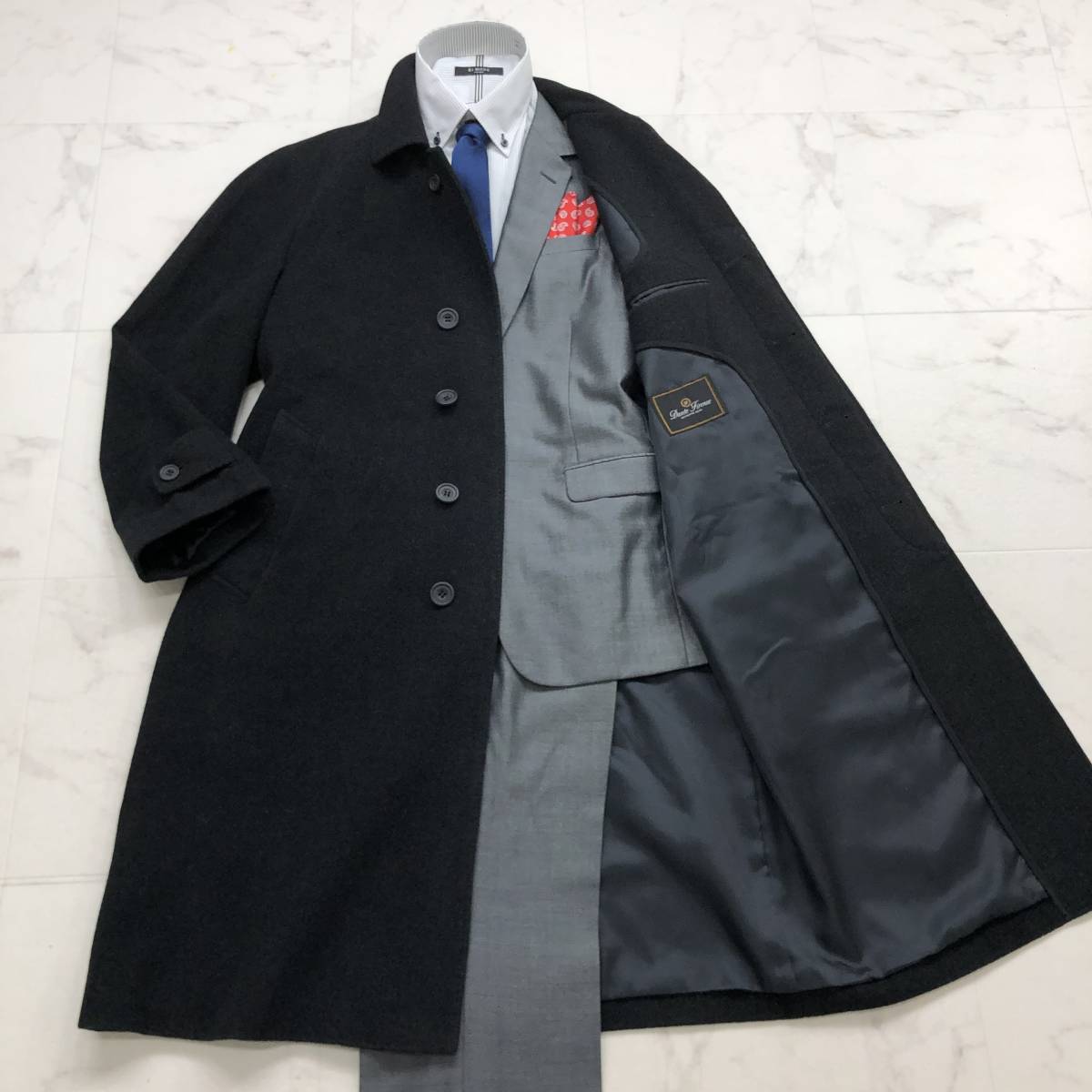 極美品：暖かい着心地★高級カシミヤ100％★ステンカラーコート メンズ M ダークグレー 冬 無地 ビジネス 通勤 保温性◎ 厚手 トレンド F8