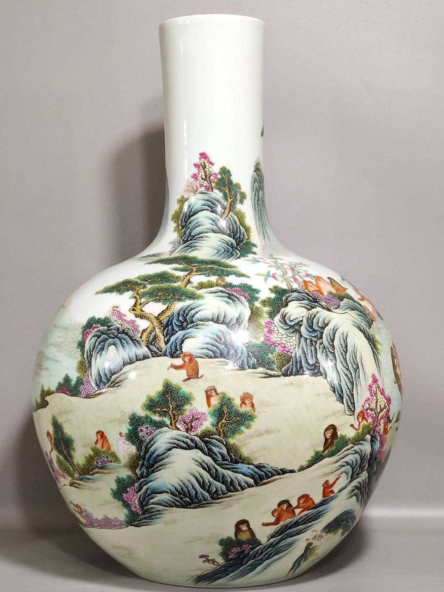 ◇館蔵珍品◇541清時代 乾隆年製 粉彩百猿天球瓶 5分鐘短談：乾隆御製