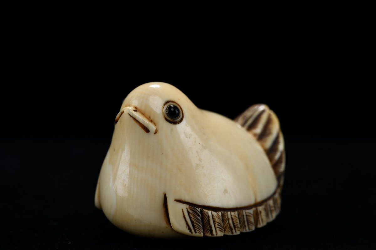 ◇鶴鳴堂◇時代物 マンモス 子鳥紋大形根付 松山在銘 提げ