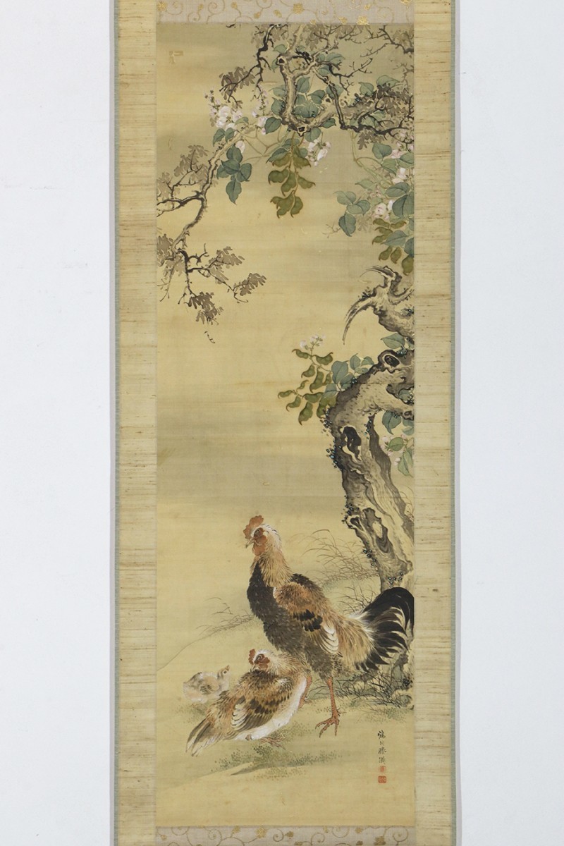 真作 江戸動物画】掛軸「岡田鶴川 樹下親子鶏図」江戸後期 花鳥画 岡田