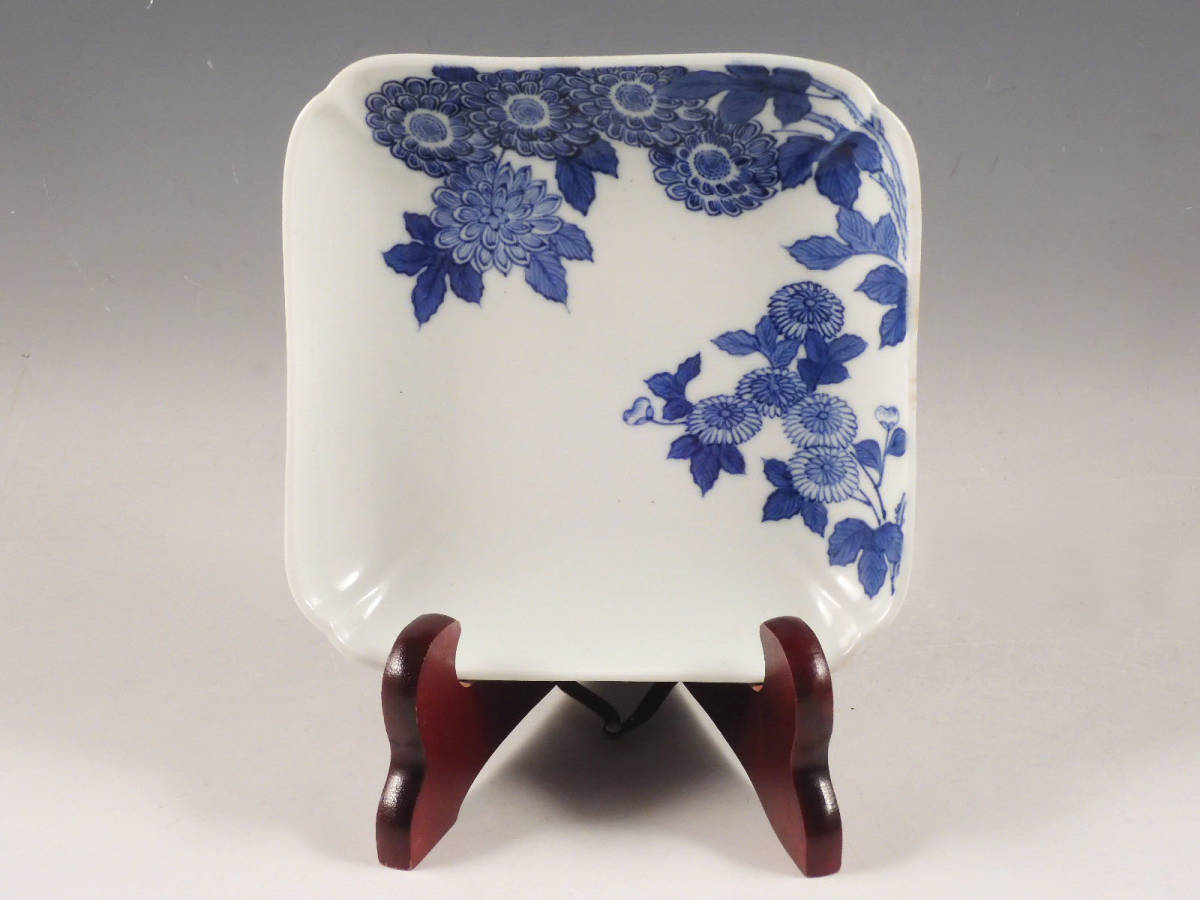○栄○古鍋島 染付 菊文 四方 飾皿 15cm 無傷完品
