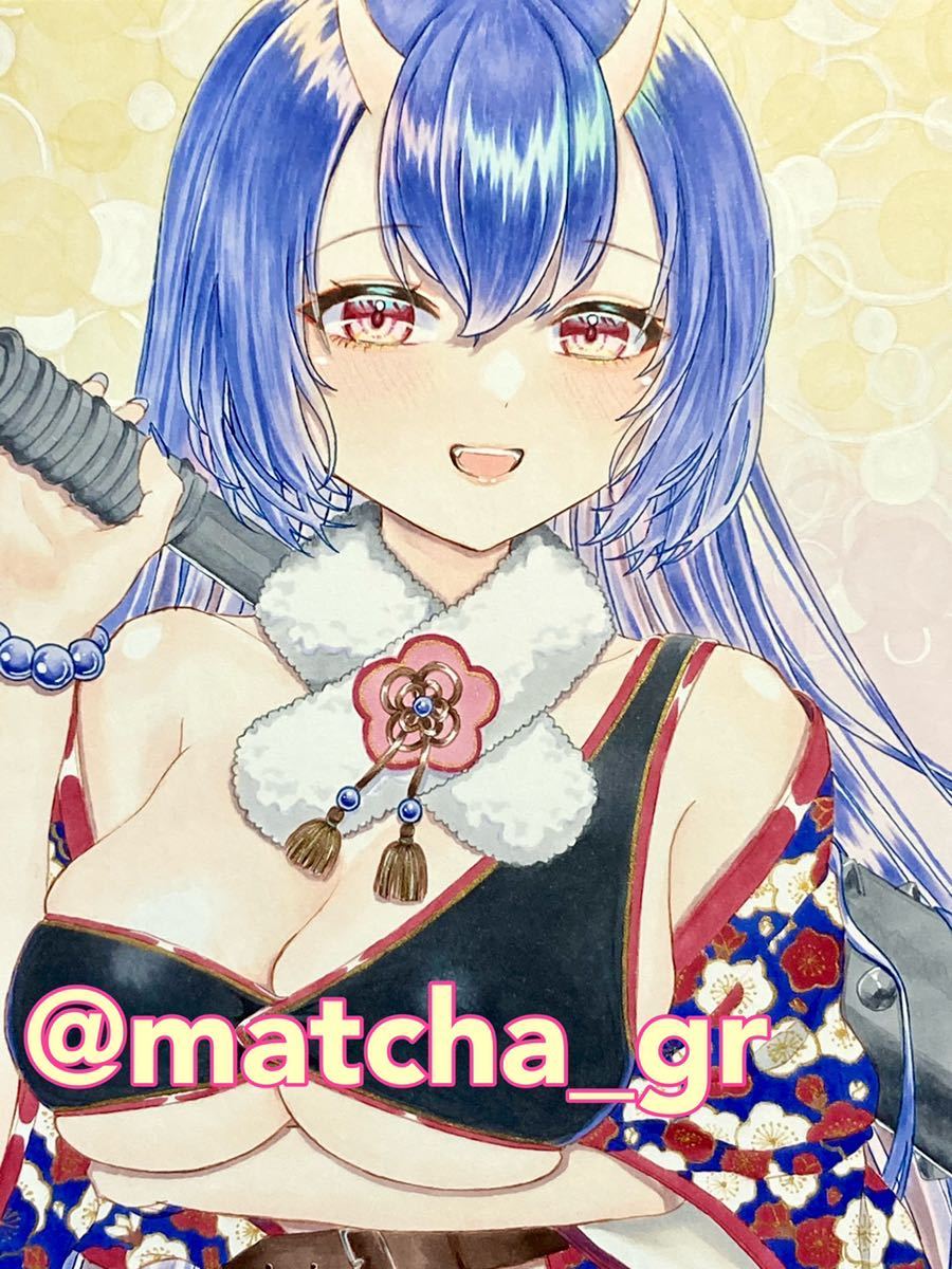 オリジナル手描きイラスト/青鬼娘/梅柄/B5/抹茶(手描きイラスト)｜売買