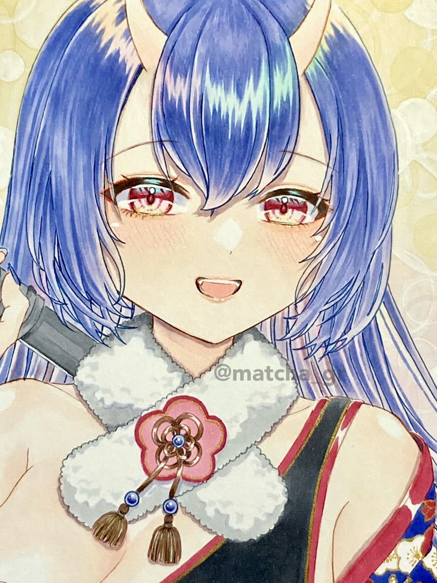 オリジナル手描きイラスト/青鬼娘/梅柄/B5/抹茶(手描きイラスト)｜売買