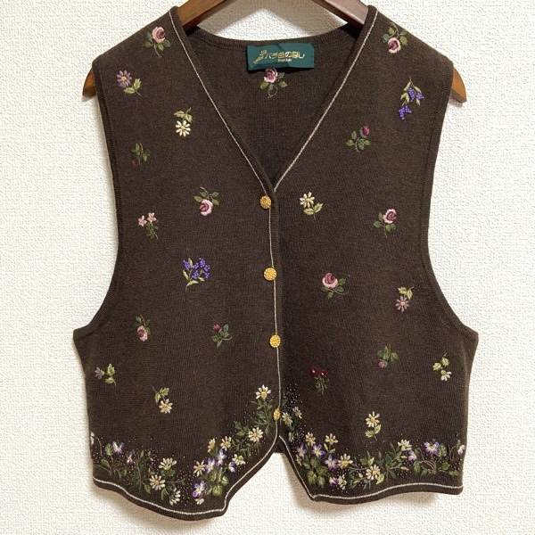 sahara ベスト ジレ ブラウン 花柄 anc バラ色の暮し バラクラ ベスト ジレ 茶 ニット ビーズ 刺繍 花柄