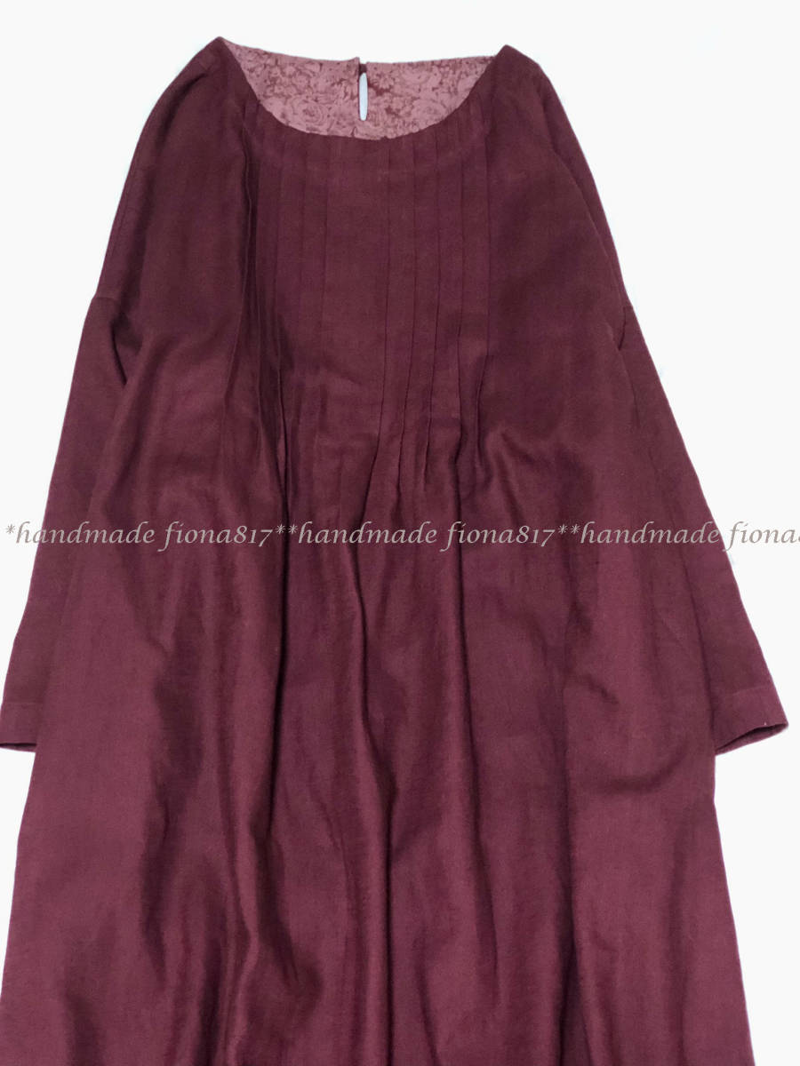 *:. ハンドメイド　cottonリネン　ヘリンボーン　ワインレッド　ピンタックOP .:*