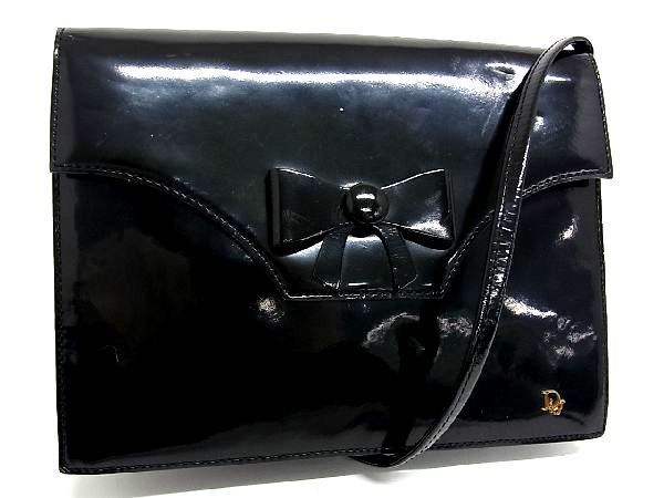 1円 Christian Dior ディオール ヴィンテージ リボン パテントレザー クロスボディ ショルダーバッグ 斜め掛け ブラック系 AH5914ナC