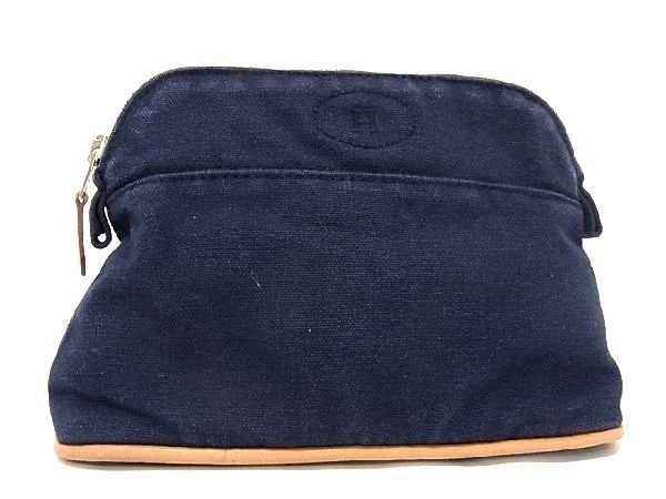 1円 HERMES エルメス ボリードポーチ キャンバス コスメポーチ マルチケース 化粧ポーチ 小物入れ レディース ネイビー系 BC0347チs