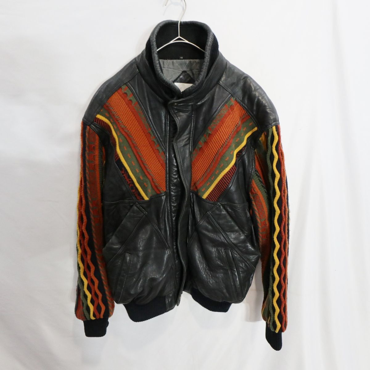 QUDRO LEATHER ニットレザージャケット 革ジャン 3Dニット 切替 ユーロ アウター 防寒 ブラック (48) 大きいサイズ 中古 古着 M1314