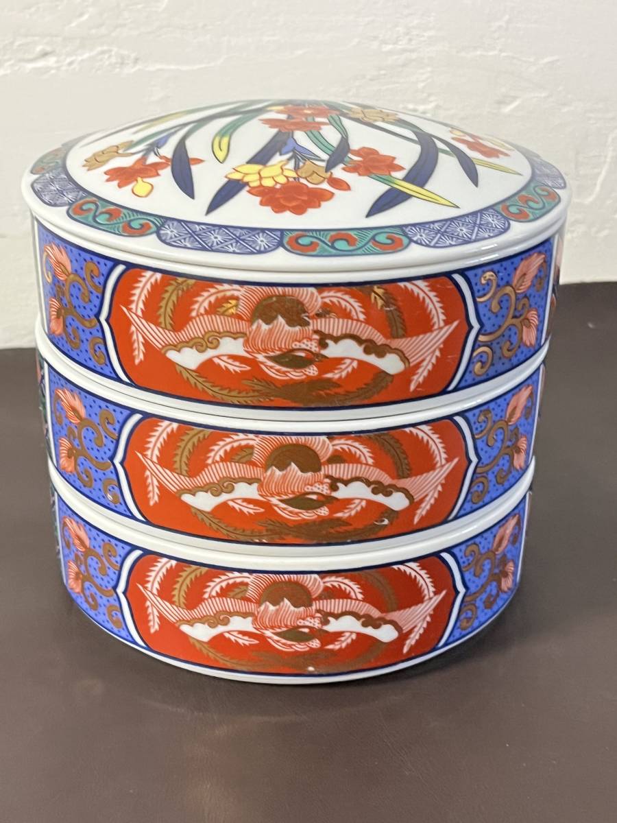 三段重 日本陶彩 唐津 民藝 伝統工芸 陶器 漆 鳳凰 唐草 花 金彩  