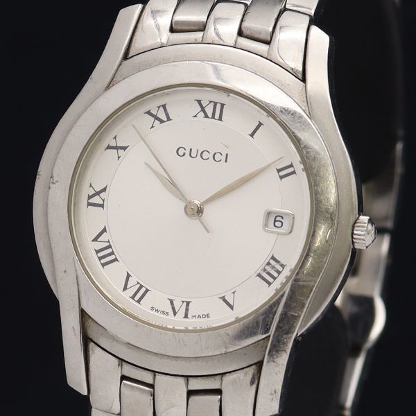 1円 稼働品 GUCCI/グッチ 5500M ホワイト系文字盤 デイト ローマン