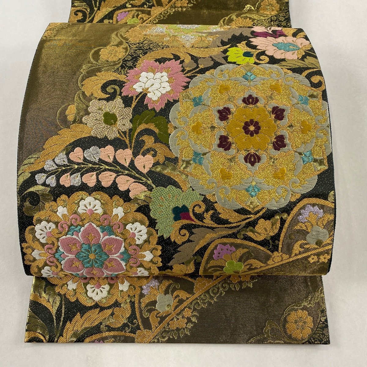 袋帯 美品 秀品 華文 草花 箔 金銀糸 茶緑色 全通 正絹 【中古】
