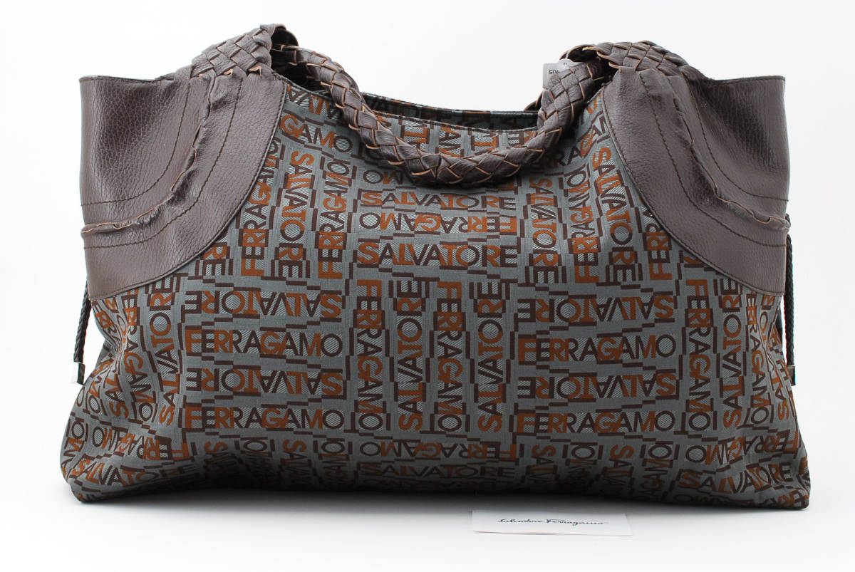 1円 美品　Salvatore Ferragamo　フェラガモ　キャンバス　レザー　ラージトートバッグ　肩掛け　ハンドバッグ　ロゴグラム　23-905