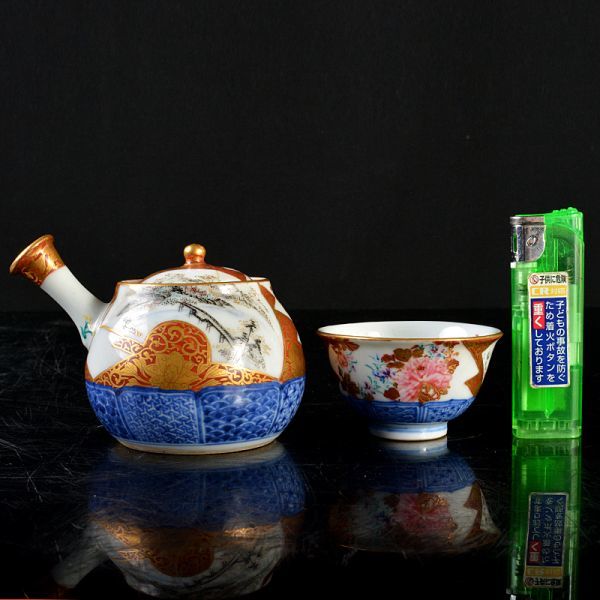 古九谷焼 茶器揃 六点一式 金彩絵巻陶器製急須と茶碗 古九谷焼 茶器揃