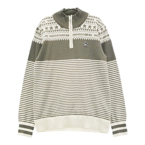 MUNSINGWEAR マンシングウェア 裏地付き ハーフジップ ニット セーター ボーダー柄 グレー系 L [240001871340] ゴルフウェア レディース