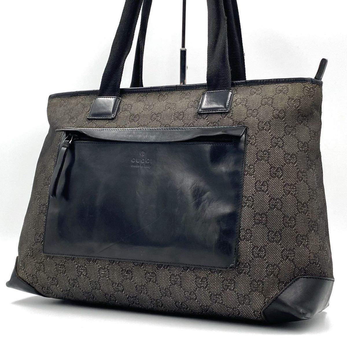 グッチ GGキャンバス レザー トートバッグ 肩掛け A4収納可能 ブラック 超美品】グッチ GUCCI トートバッグ キャンバス GG柄 レザー 本革