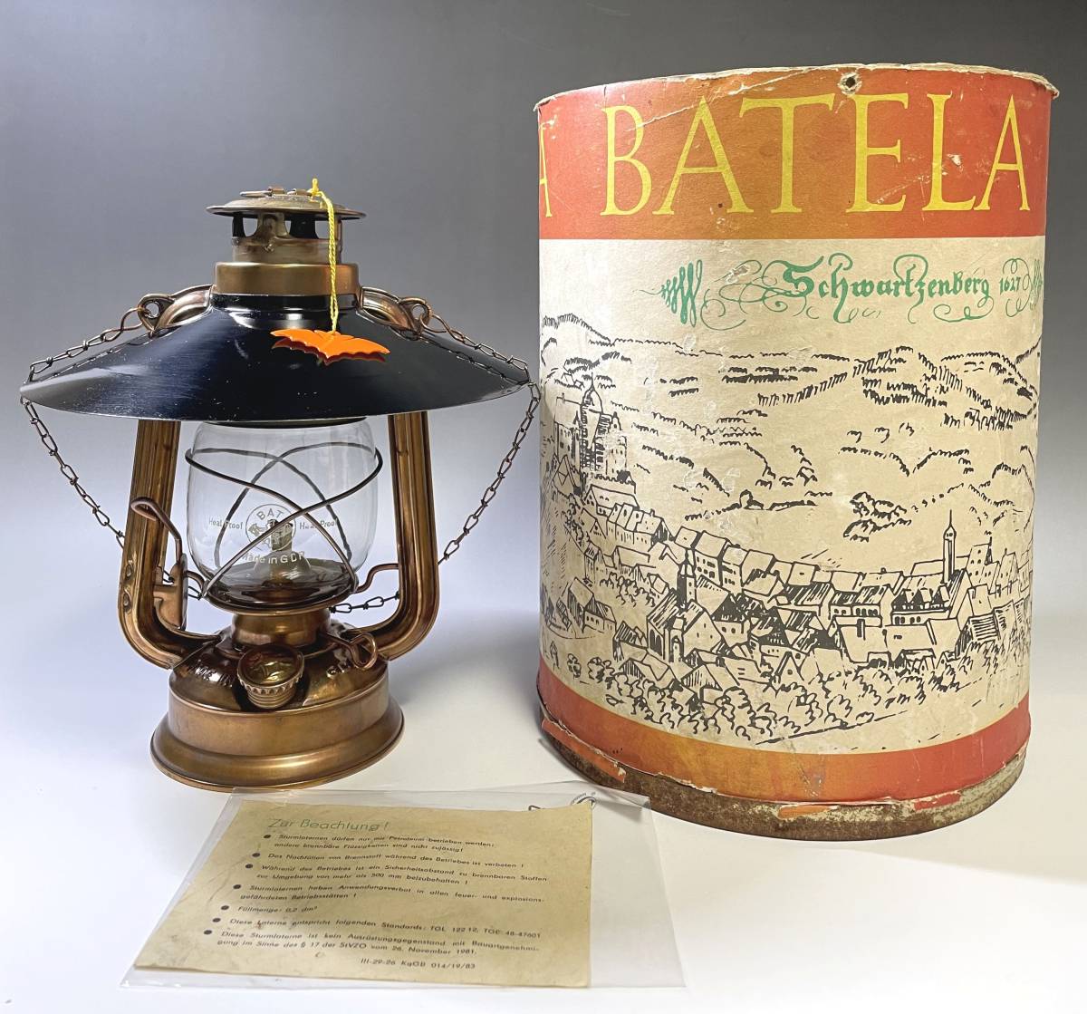 ★元箱付き美品★BAT No158 BATELA 1983 オールコッパー 銅製 シェード付 コウモリマーク 東ドイツ製 点火可 リフレクター バット ランタン