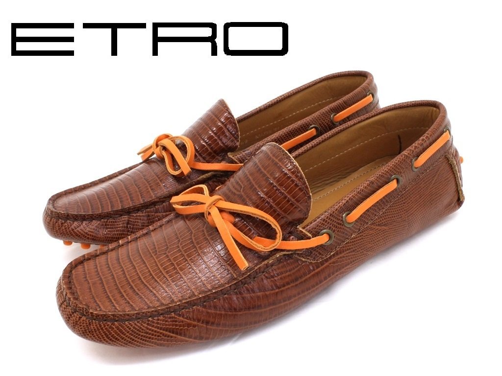 15万新品◆42=27cm【ETRO】エトロ リザードエンボス加工レザードライビングシューズ1円