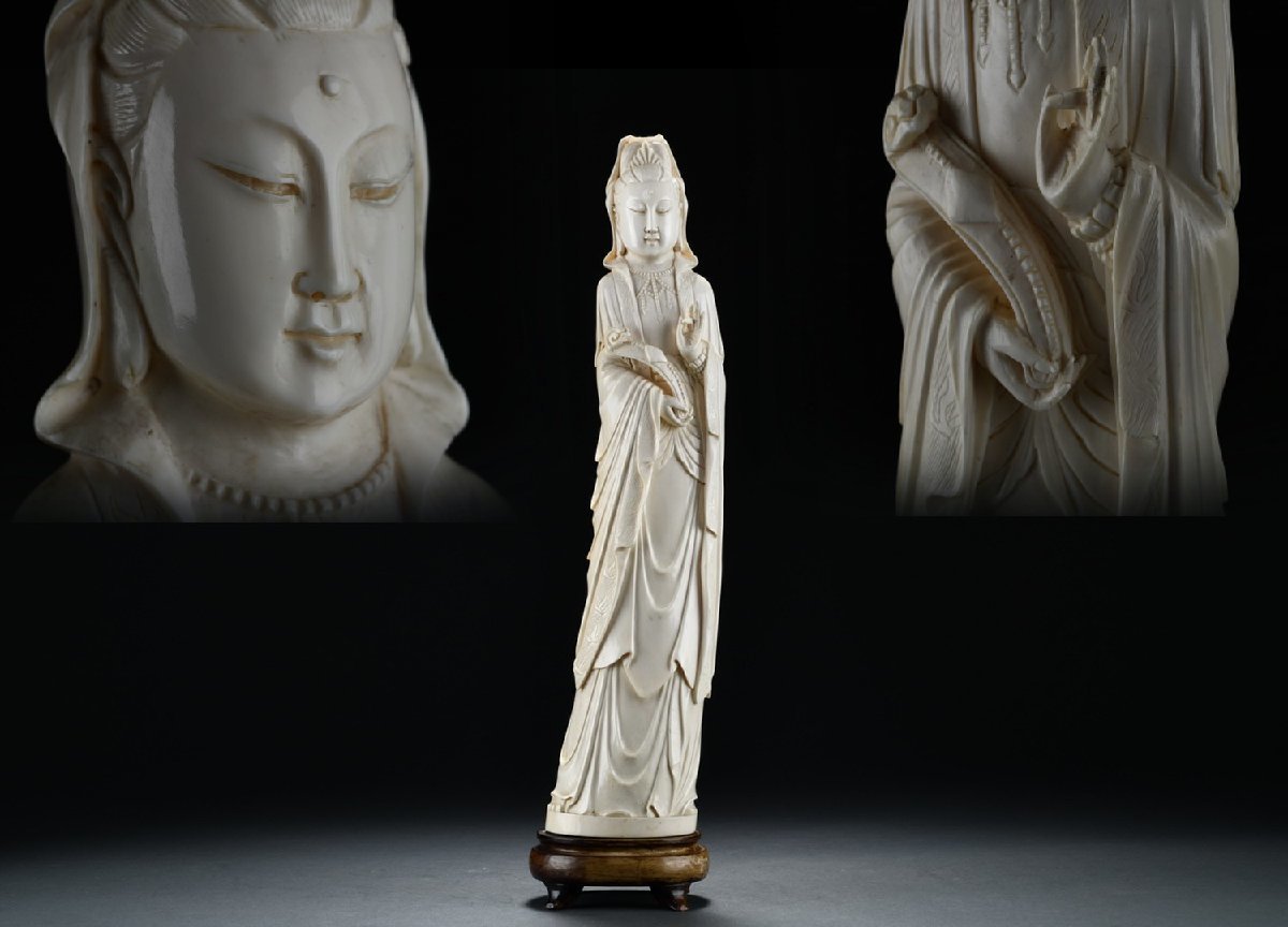 ◇鶴鳴堂◇時代物 白材芯料保証 水月観音菩薩造像 一