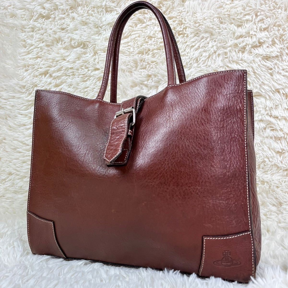 【美品】Vivienne Westwood トートバッグ ハンドバッグ ヴィヴィアンウエストウッド オールレザー ステッチ オーブ 型押し A4可能 ブラウン