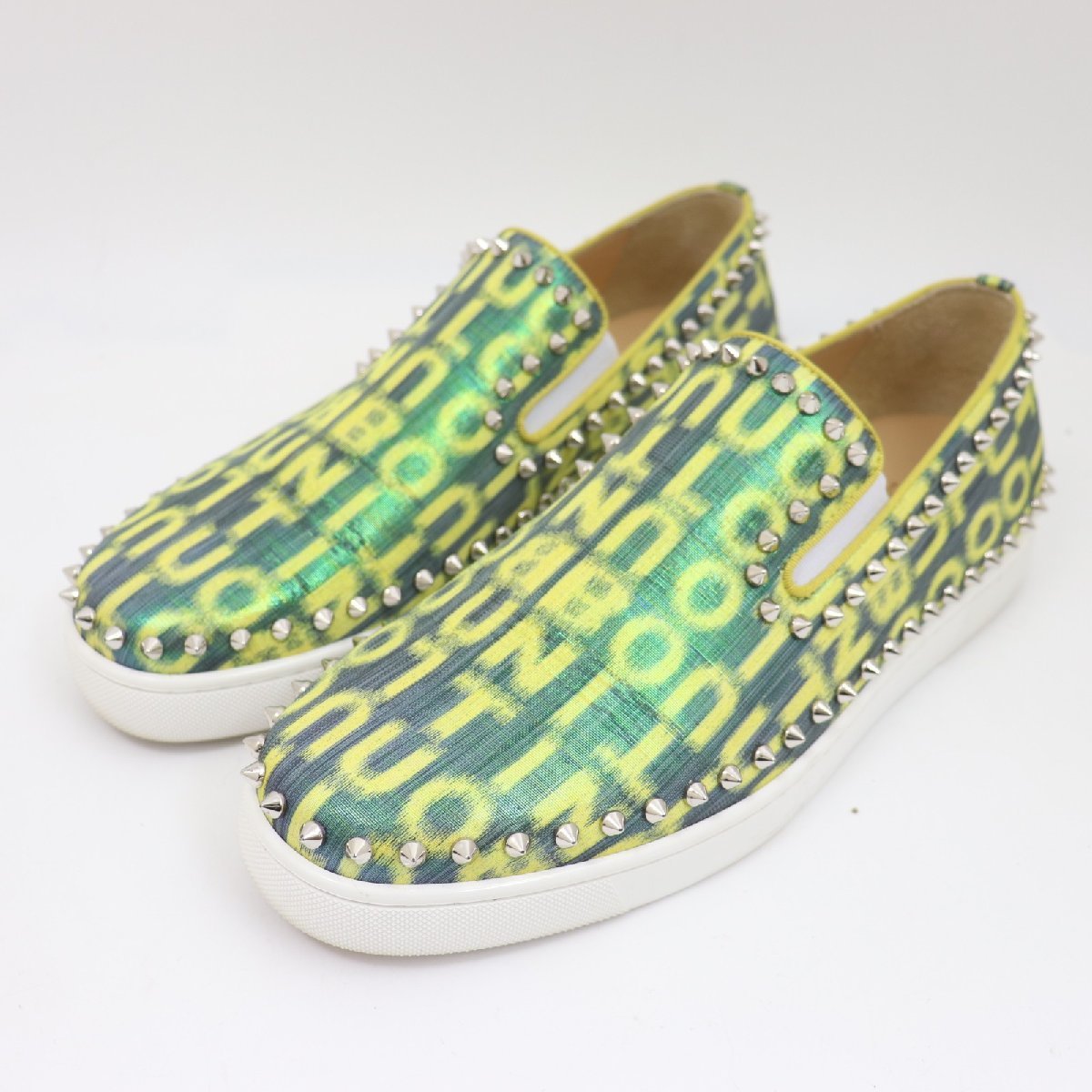 IT17IPDC9DA0 即決 本物 Christian Louboutin ルブタン ピックボート ロゴ スニーカー グリーン イエロー スタッズ メンズ サイズ 42 1/2