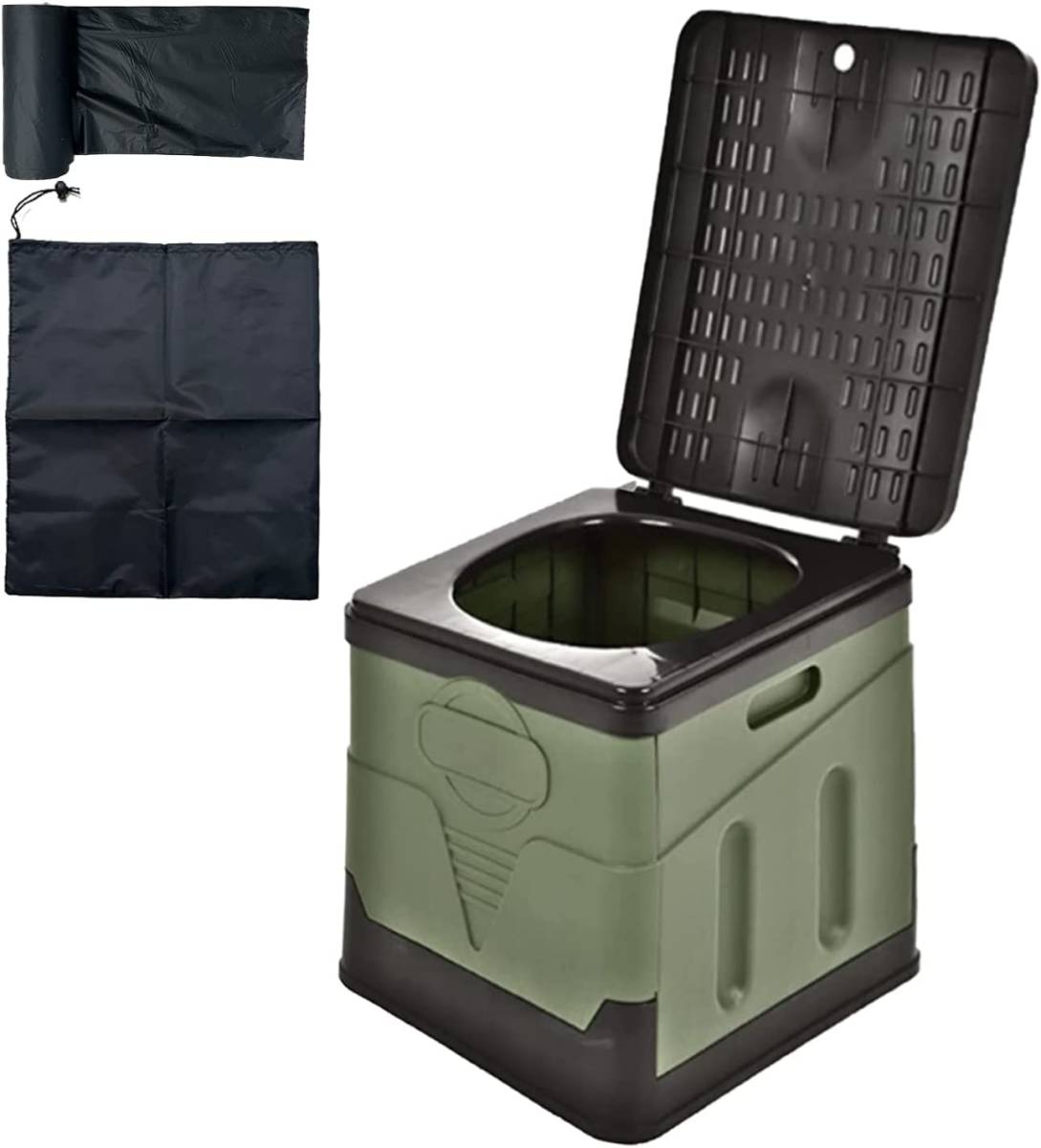 簡易トイレ ポータブルトイレ 携帯トイレ 非常用 防災トイレ 耐荷重150kg 排泄処理袋12枚付 巾着ポケット付 (Large， ブラック＆グリーン)