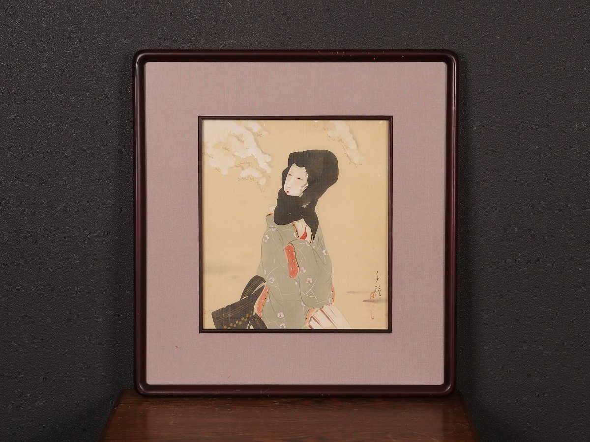真作】【伝来_弐】hp600〈木谷千種〉額装 雪傘美人図「春の雪」浪華の