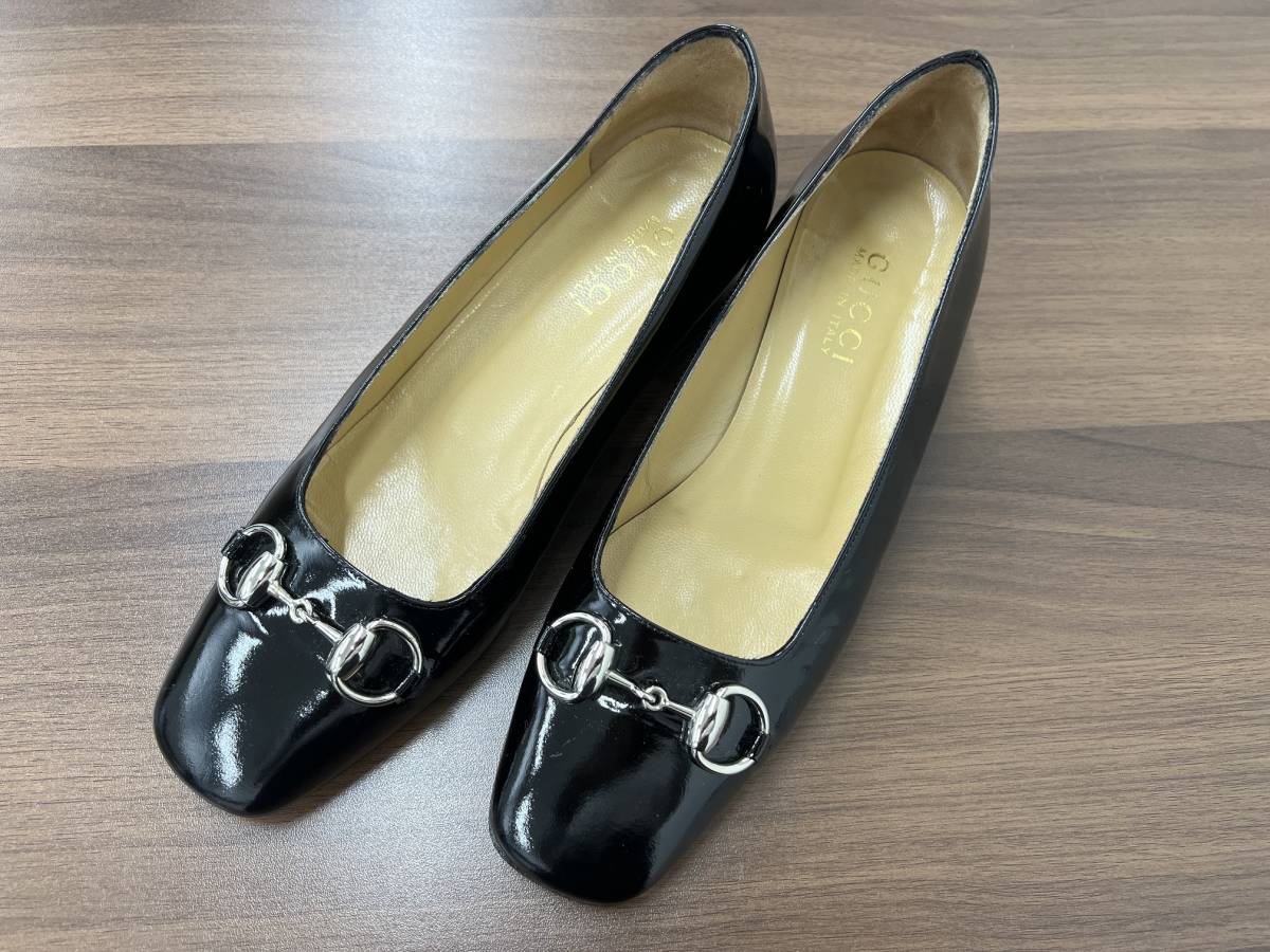 GUCCI グッチ パンプス 入学式 ブラック エナメル 38/25cm ホース