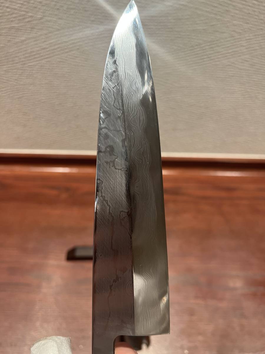 無銘　極上墨流し舟出刃包丁　ダマスカス　刃渡り185mm 極美品 本焼 包丁のような波紋