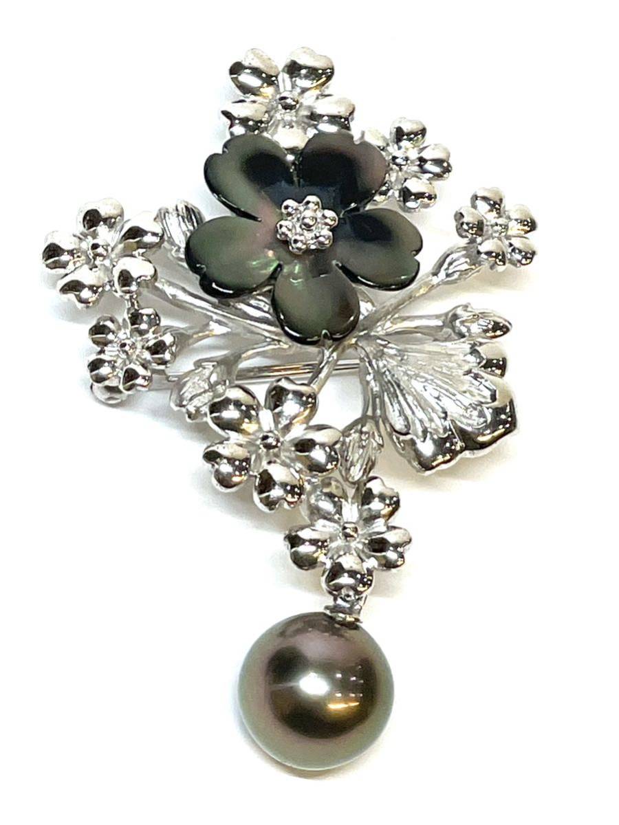 黒真珠 ブローチ ペンダント トップ silver刻印 花モチーフ
