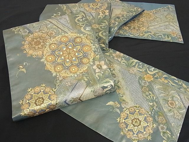 着物屋こころ□袋帯 中国三大刺繍 相良刺繍 流水花文 引箔 正絹 逸品 A