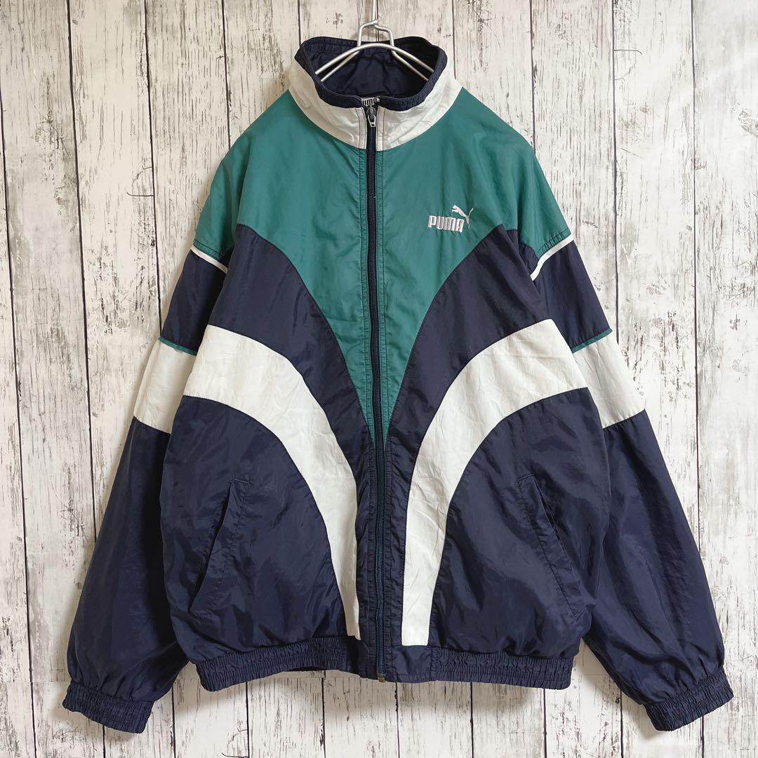 90's プーマ PUMA ナイロンジャケット M 紺 ネイビー ワンポイント
