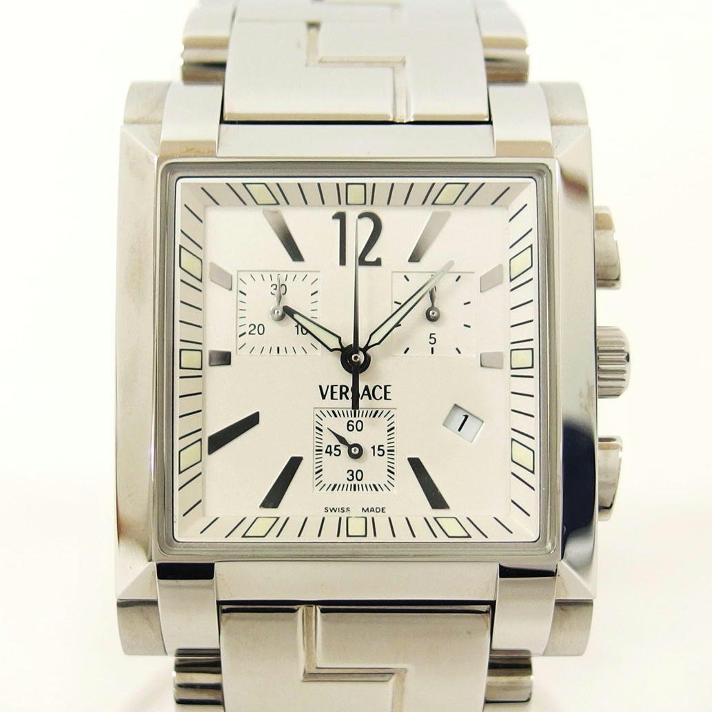 1円【良品】VERSACE ヴェルサーチ/ホワイト文字盤スクエア/クロノグラフデイトウォッチ/クォーツ/FLC99/04