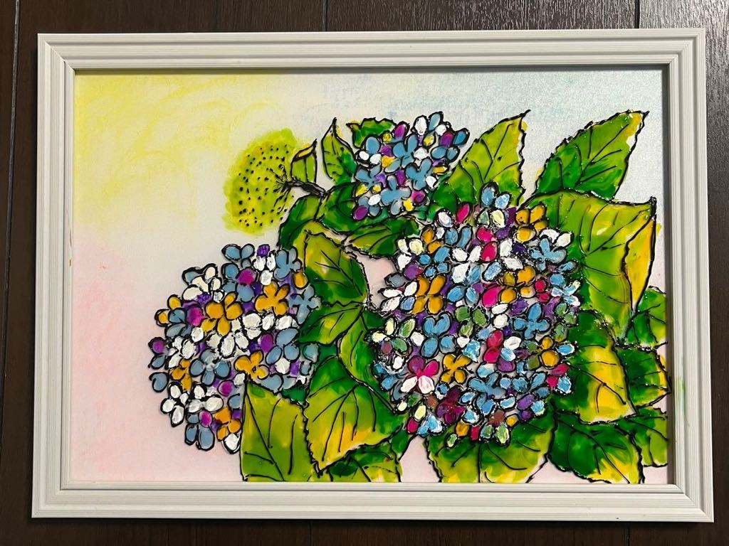 ハンダステンドグラス『レインボーカラー紫陽花』額 ステンドグラス風 アート ガラス絵風アクリル板製 紫陽花 あじさい