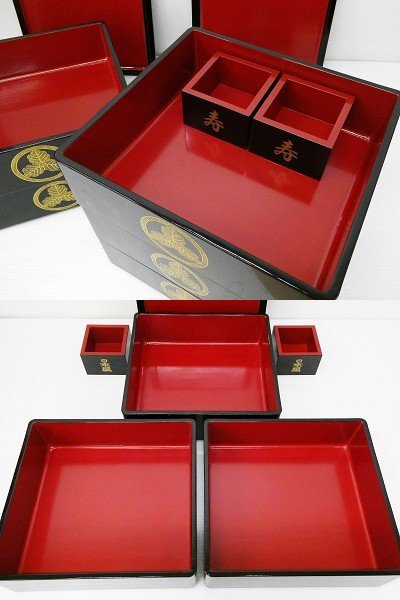 ♯ 重箱 2点セット!! 黒内朱漆塗り 沈金家紋 丸に三つ