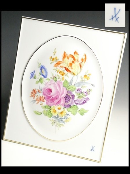 1円〜 Meissen マイセン フラワーブーケ プラーク 陶板画 額装 美品 1