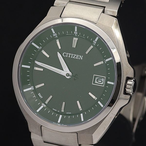 1円 稼働 美品 箱/コマ3付 定価約￥65，000 シチズン 電波 H128-R006860 アテッサ チタン デイト 黒文字盤 メンズ腕時計 0777000STU