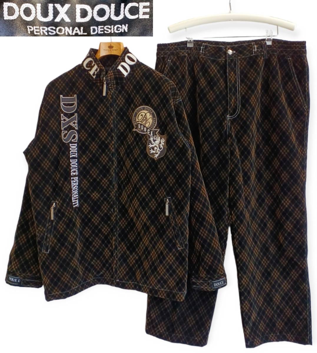 ★DOUX DOUCE*セットアップ*サイズF*メンズ*ベロア*ベルベット*チェック柄*パンツ*ジャンパー*ブルゾン*馬*デュークスデューチェ #5655