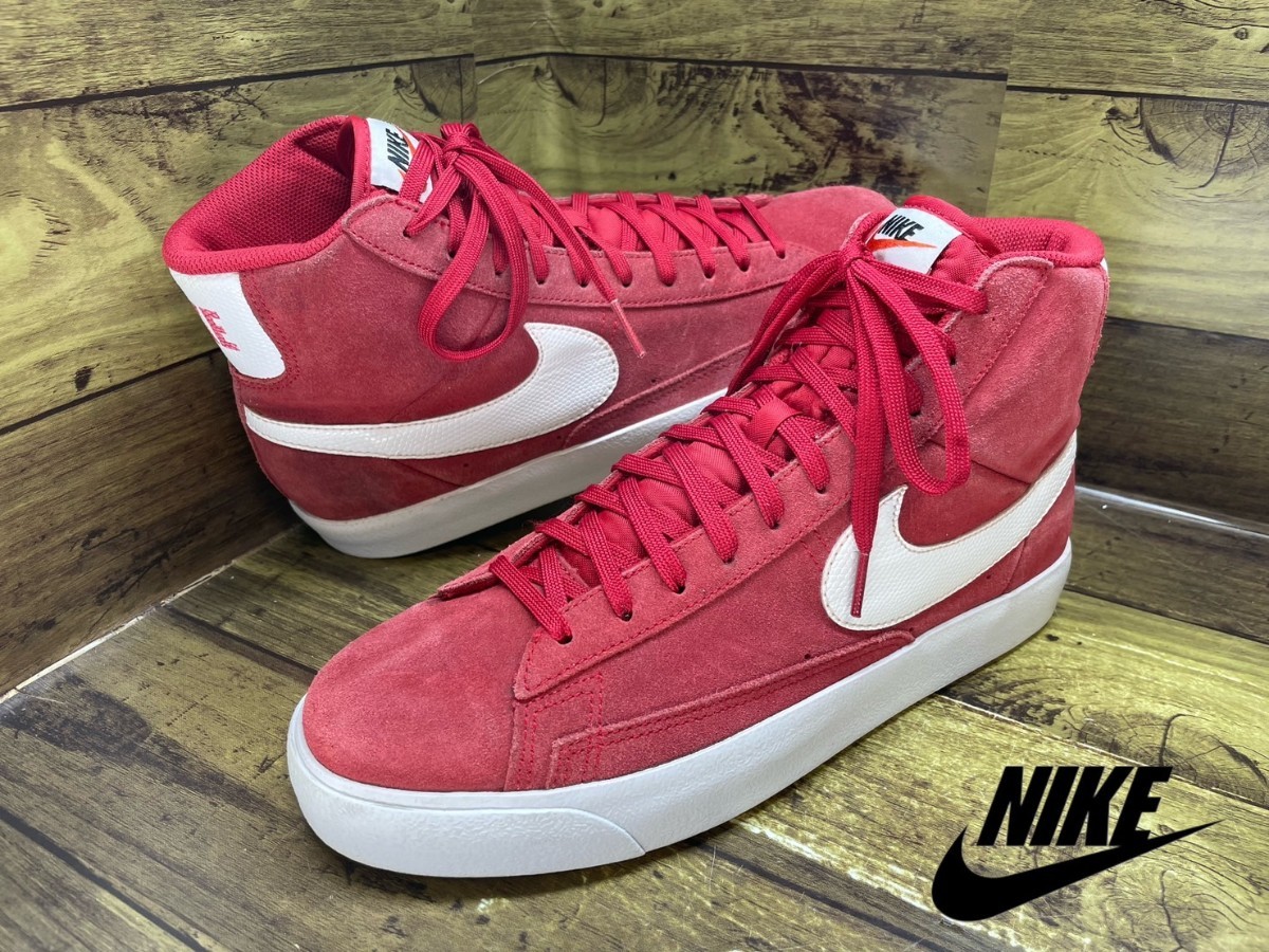 名機降臨！衝撃のコレクション！ナイキ【ブレザーHI】高級ハイカットレザースニーカー！スエード！ホワイトスウォッシュ！レッド×白 27cm