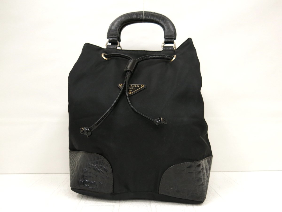 ◇PRADA プラダ◇クロコ型押し◇ナイロン カーフ レザー 本革◇ハンド